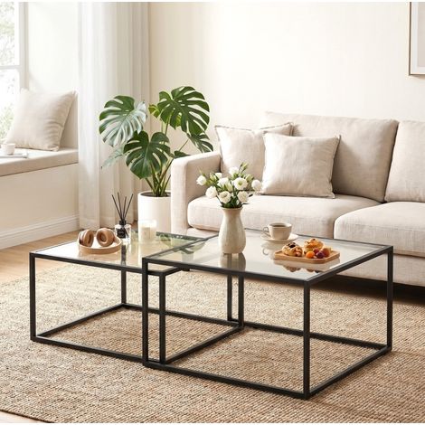 2-teiliges runder Couchtisch-Set, Tischplatte aus gehärtetem Glas, schwarzes Metallgestell HAVRYA (1/4)