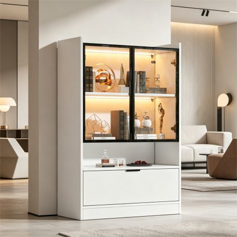 Modernluxe - Vitrine moderne avec LED - 2 portes vitrées et 1 porte abattante - Panneaux de particules - Blanc (1/5)