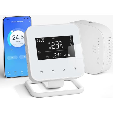 Thermostat sans Fil programmable quotidiennement avec récepteur,Thermostat Connecté WiFi pour chaudière Compatible avec et Alimentation par Piles o USB (1/5)
