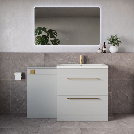 Napoli 390 Gloss Grey Pearl 1300mm 2 Drawer Vanity Unit Toilet Suite with Glide Basin - 1300mm - Brushed Brass 480mm HandleWithout Kingston Toilet Pan