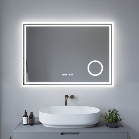 LED Badspiegel 100x70cm Badezimmerspiegel Touch-schalter Wandmontag Lichtspiegel Wandspiegel mit Kaltweißer 6400K Beleuchtung, Beschlagfrei, Digitaluhr, 3-Fach Vergrößerung Kosmetikspiegel ESSENS Typ- (1/5)