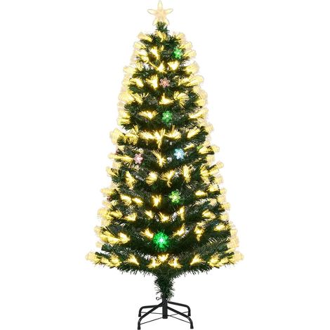 COSTWAY Albero di Natale con Luci in Fibra Ottica 120/150 cm, Albero di Natale Preilluminato con 8 Modalità di Illuminazione, 130/170 Rami, 14/20 Fiocchi di Neve, Puntale a Stella e Base (150 cm) (1/5)