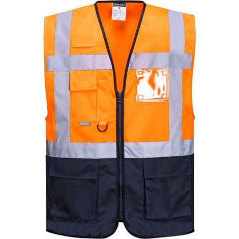 Chaleco Executive Warsaw bicolor de cierre central con cremallera, multibolsillos C476 M Naranja flúor / Azul marino