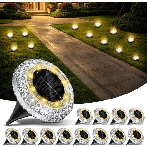 Lot de 12 Lampes Solaires Sol Lumière Solaire Jardin Blanc Chaud 8 LED IP65 Étanche Éclairage Solaire Pelouse Allée Chemin Terrasse (1/5)