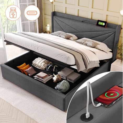 Cama canapé 160x200 cm de lino gris con USB Type-C, sin colchón - CHICFURN (1/5)