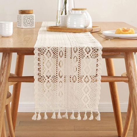 Chemin de Table en Macramé Beige, 30 x 240 cm Chemin de Table en Dentelle Vintage avec Glands, pour Mariage Bohème, Décoration de Table à Manger à (1/5)