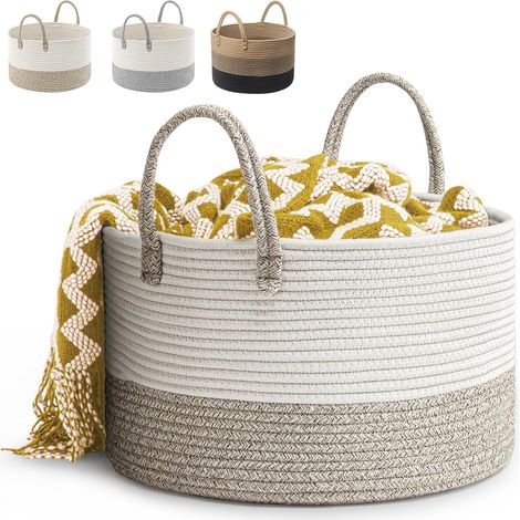 Cesta de lavandería de algodón tejido, de 51 x 34 cm de diámetro, plegable, de cuerda de algodón, de gran capacidad (marrón). (1/5)