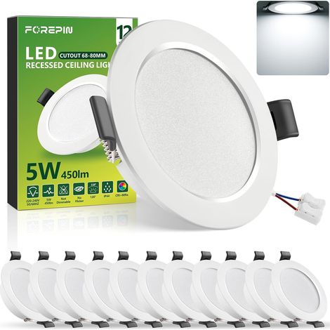 Spot LED Encastrable Extra Plat Blanc Froid 6000K, 5W IP44 Spots de Plafond Encastre Pour Salle de Bain, Cuisine, Salon - Trou Ø68-80mm, Lot de 6