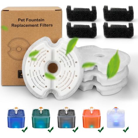 Ein Set aus 4 Filtern und 4 Ersatzschwämmen, geeignet für 2-Liter-Katzenbrunnen, dreifache Filtration, Polypropylen. (1/5)