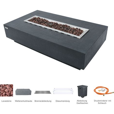 HAMPTON Gas-Feuertisch 4-tlg. Set Glasfaserbeton 142x35x35 dunkelgrau