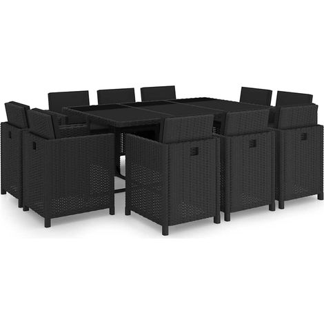 Ensemble à manger d'extérieur 11 pcs-Salon de jardin coussins poly rotin noir (1/5)