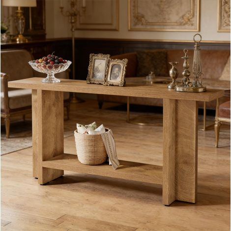 REDOM Mesa consola 150x30x80 cm, doble estante, estilo farmhouse, estructura en T, MDF marrón (1/5)