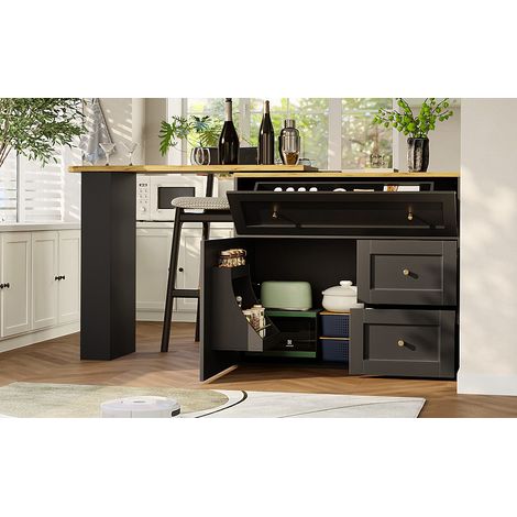 Table de bar extensible noir avec rangement (138-204x39x105cm), buffet cuisine, étagère à snacks, table haute télescopique, table bistro, îlot central (1/5)