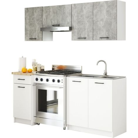 Conjunto de cocina AKORD OLIWIA 18m Gris Hormigón 180 cm 7 puertas 1 cajón frente en color Blanco 8 estantes 180x46x203 cm (1/5)