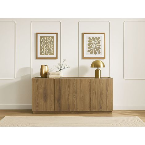 Bobochic – Buffet bas 4 portes 180 cm – Effet chêne marron clair et travertin – Design moderne pour salle à manger ou salon – Fabrication Europe (1/5)