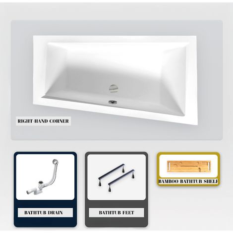 Asymmetrische Badewanne - 150 x 85 cm - Rechts - ohne Verkleidung - mit Füßen - Bambusablage - Ablaufgarnitur Chrom - INTIMA