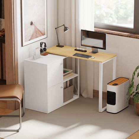Weißer L-förmiger 360° drehbarer Eckschreibtisch mit zwei Staurschränken und zwei offenen Regalen, platzsparender Computertisch für kleine Räume 150 x 40 x 75 cm (1/4)