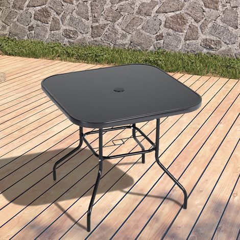 80CM Garden Glass Top Table With Umbrella Hole, Square