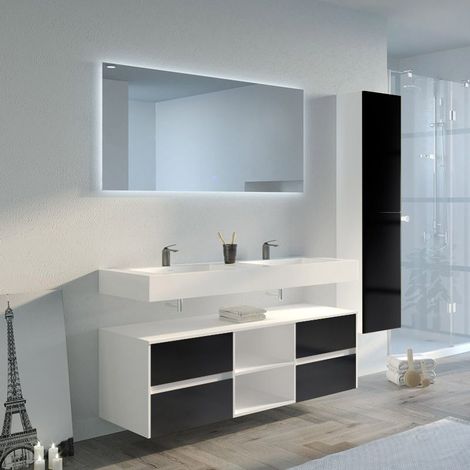 Distribain – Meuble de salle de bain 140 cm noir – Double vasque blanche – 4 tiroirs et 2 niches – Installation sur roulettes ou suspendue (1/5)