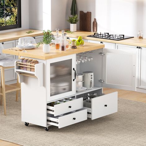Isola cucina estensibile con ruote, 100x42-70x91,5 cm, bianco, MDF, FloraGrace (1/5)