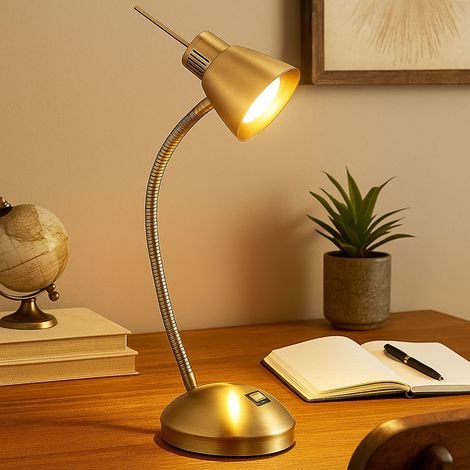 LED Schreibtischlampe flexibel Leseleuchte Tischleuchte Wohnzimmerlampe, Metall Altmessing, 3W 250lm warmweiß, DxH 24 x 44 cm