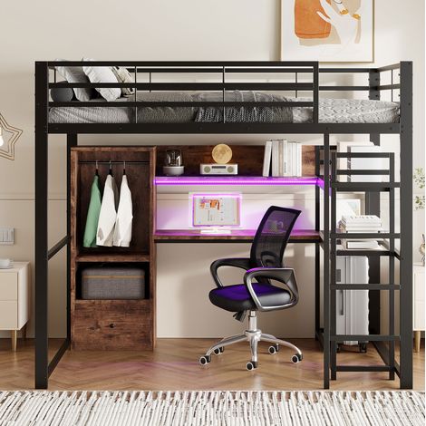Lit mezzanine 140x200 avec bureau LED métal noir OKMYHOME (1/5)