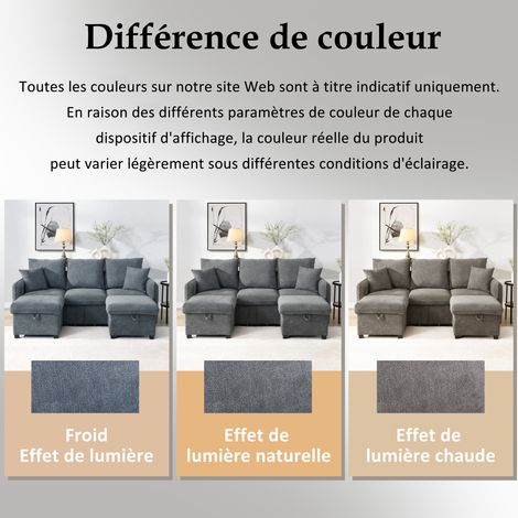 Canapé multifonctionnel en forme de U, avec trois places. Il possède des compartiments pour ranger les affaires. Le canapé est divisible en modules. Il est également doté de coussins. Matériau du tapi (1/5)