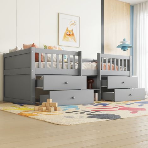 Cama infantil 90x200cm con 4 cajones almacenamiento pino y MDF color gris (Sin colchón)