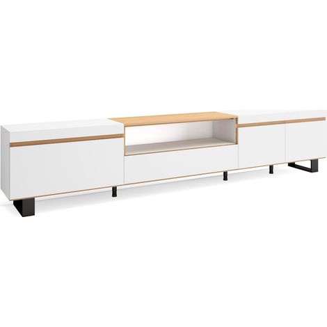 Skraut Home - Meuble TV, Banc Télé, Grand espace de Rangement, 288x35x57 cm, TV grand format, Design industriel, Style moderne, Blanc et Chêne Soft (1/5)