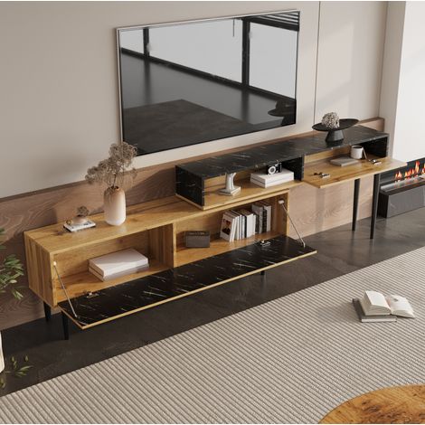 Mueble TV color madera natural en MDF con patas de hierro, borde PVC y estantes de almacenaje (1/5)