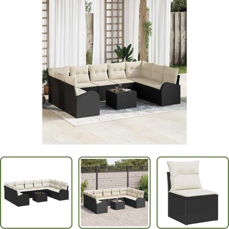 Poly-Rattan - Gartensofa-set mit Kissen 10 pcs Schwarz und Weiß Poly-Rattan (1/5)