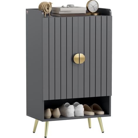 HOMCOM Shoe Storage Cabinet with Beadboard Doors for 15 Pairs of Shoes Grey (1/5)