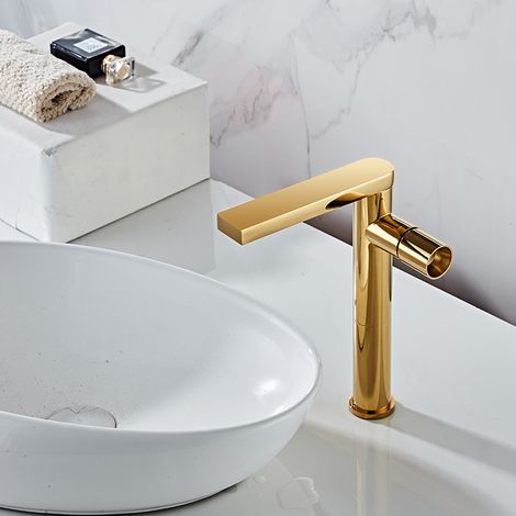 Robinet monotrou, robinet de salle de bain, robinet ménager, robinet de salle de bain d'hôtel, idéal pour les salles de bain et les cuisines (doré, haut)