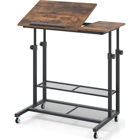 Bureau assis-debout réglable en hauteur 81 x 50 x 64,5-89 cm avec étagères et roulettes design rustique en bois et métal marron