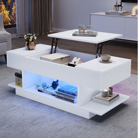 Tavolino rialzabile 98x45x40 cm con piano regolabile, ripiani aperti, vano nascosto e illuminazione LED, bianco (1/5)
