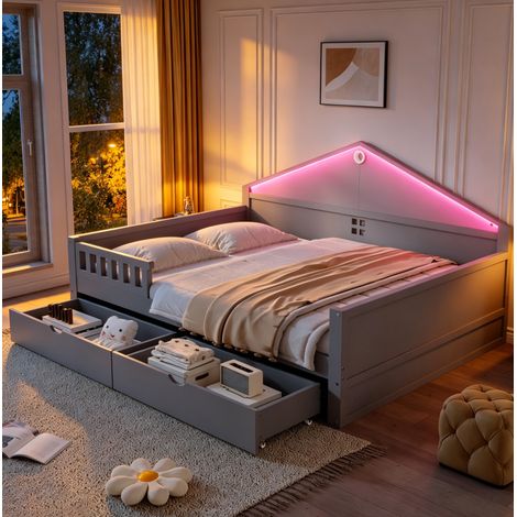 Lit enfant 140x200 cm gris en bois massif et MDF avec LED, tiroirs et sommier (1/5)