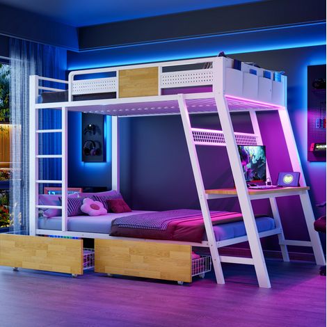 Cama alta metálica 90x200 cm con escritorio, LED y almacenamiento, blanca, OKWISH (1/5)