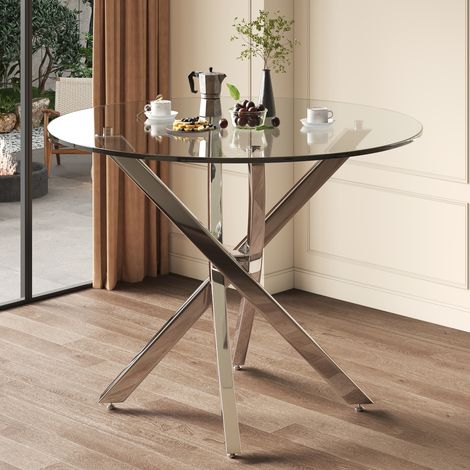 Table de salle à manger ronde, 80 x 80 x 75 cm, plateau en verre trempé, table moderne, pieds galvanisés, table basse/de détente, table de salle à manger moderne et épurée, argentée (1/4)