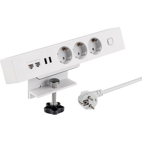 maxtrack Presa da tavolo NV62L 3 prese con contatto di protezione con 2 porte USB e 2 porte LAN, presa multipla per casa con fissaggio da tavolo, pulsante di accensione e spegnimento, ciabatta con (1/4)