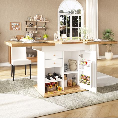 Mesa extensible 110-140x80x75 cm natural y blanco en MDF con almacenamiento y estantes para vino y aperitivos (1/5)