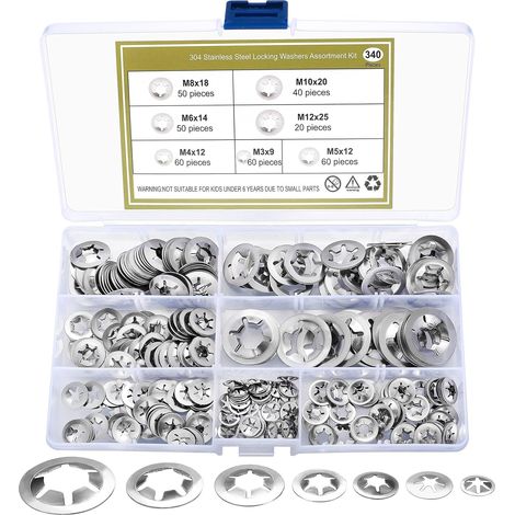 APEX Lot de 340 rondelles de sécurité, rondelles à verrouillage rapide à dents intérieures, kit assortiment de circlips - M3/M4/M5/M6/M8/M10/M12, couleur argent (1/5)