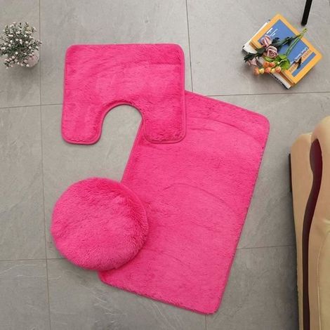 Tapis de Salle de Bains, 3Pcs Bath Mat Antidérapant Doux et Absorbant Tapis & Couvercle Toilette Couvercle Set Lavable-Rose (1/4)