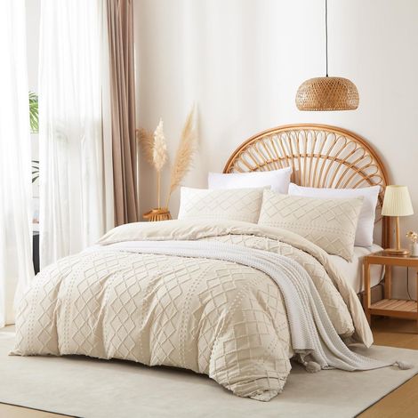 Linge de lit 220x240 cm Beige Matelassé Style Bohème avec 2 taies d'oreiller 80x80 cm