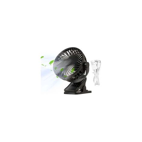 Ventilador de mesilla negro con clip, pequeño ventilador multifuncional recargable para cochecitos, viajes, oficina y dormitorio.