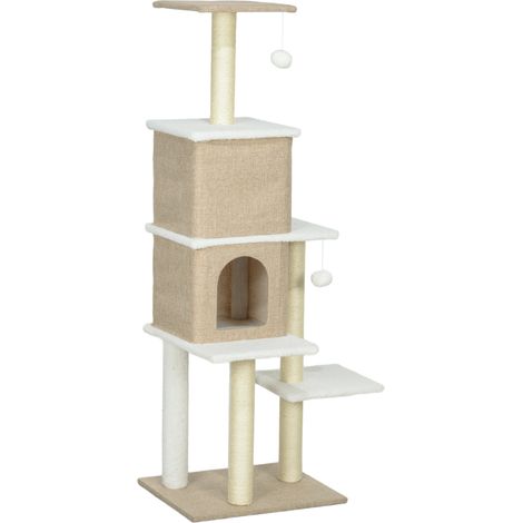 Arbre Rascador pour Chat 140cm avec 2 Cuevas, Plateformes, Bolas Colgantes, Poste Sisal Marron Clair (1/5)