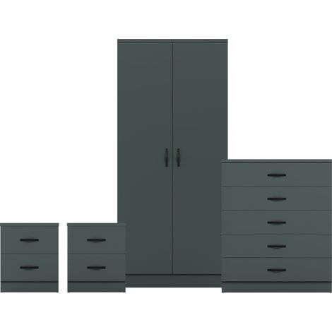 Riano 4 Piece Bedroom Set (2 Drawer Bedside Chest, 5 Drawer Chest, 2 Door Wardrobe), Green (1/3)