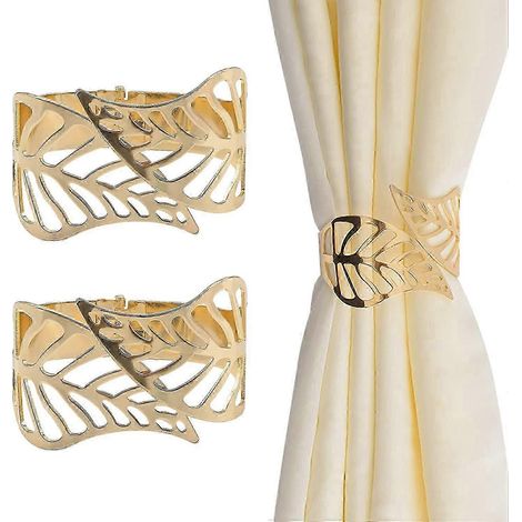 Lot de 2 attaches décoratives en métal ajouré pour rideaux, motif feuille (doré), 6 cm (1/5)