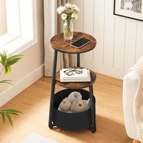 Round Side Table, 3 Tier Small Bedside Table with Storage Shelves, Accent Sofa Side Tables Compact Corner End Tables for Small Space in Living Room, Bedroom Rustic Brown EBFB169BZ01,HOOBRO