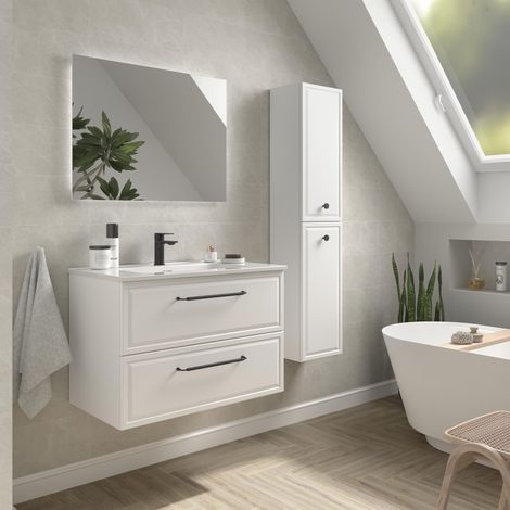 Mueble de Baño RUNA 80cm Blanco Mate 2 cajones Lavabo 1 poza Porcelana (1/4)
