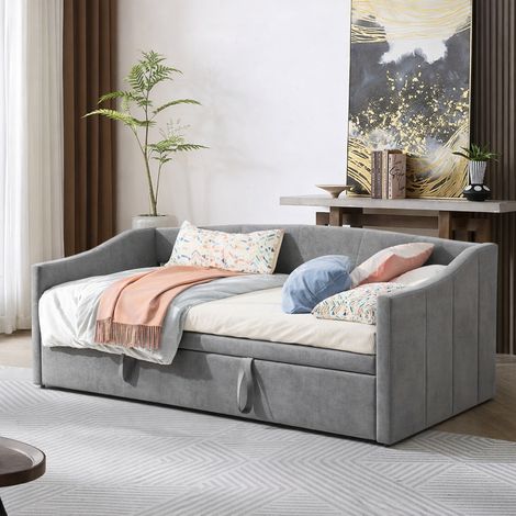 Canapé-lit gigogne extensible 90/180x200 cm, lit de jour convertible capitonné en velours gris, cadre métallique, sommier à lattes, style scandinave pour salon et chambre